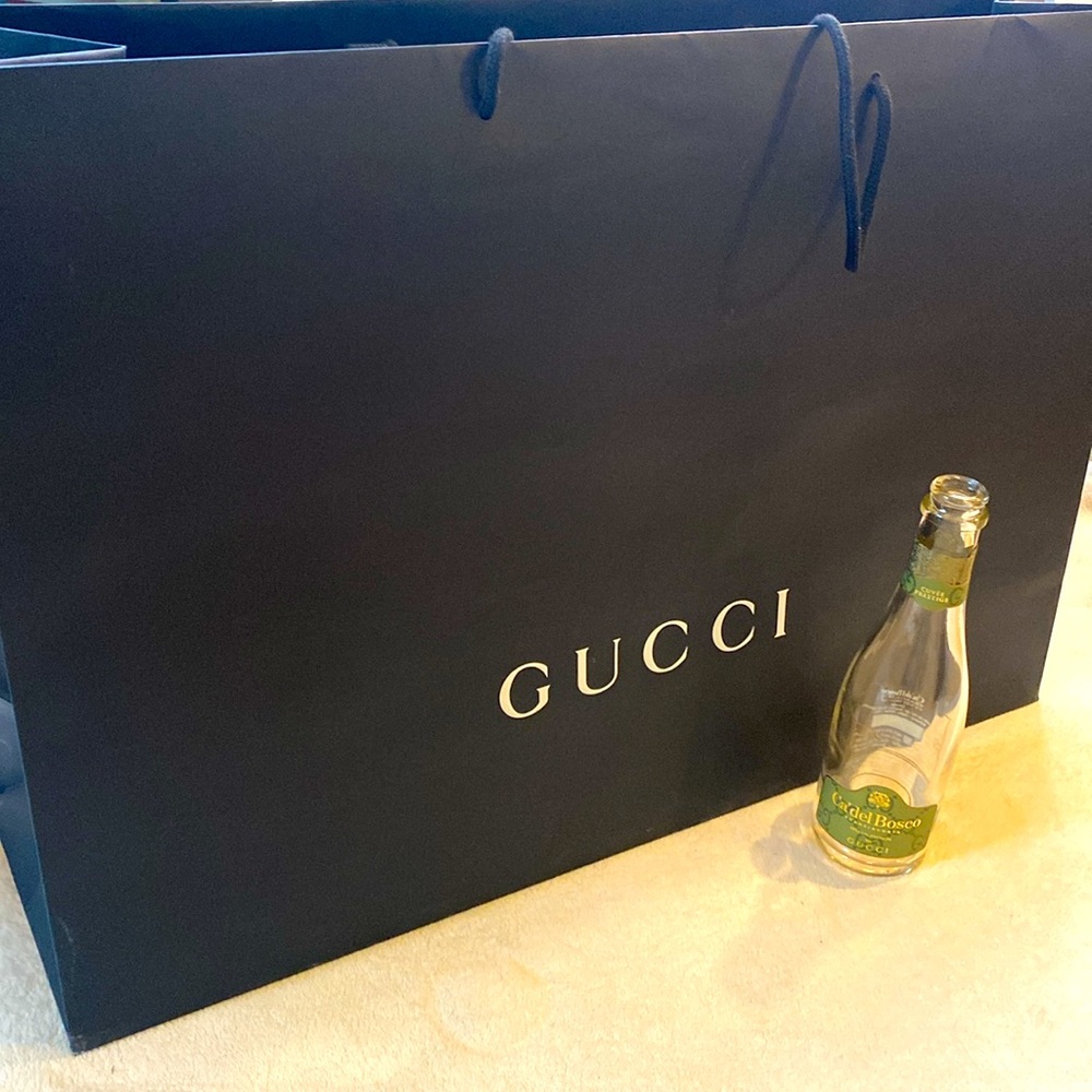 Gucci large paper shopping bag / empty special edition Gucci champagne bottle